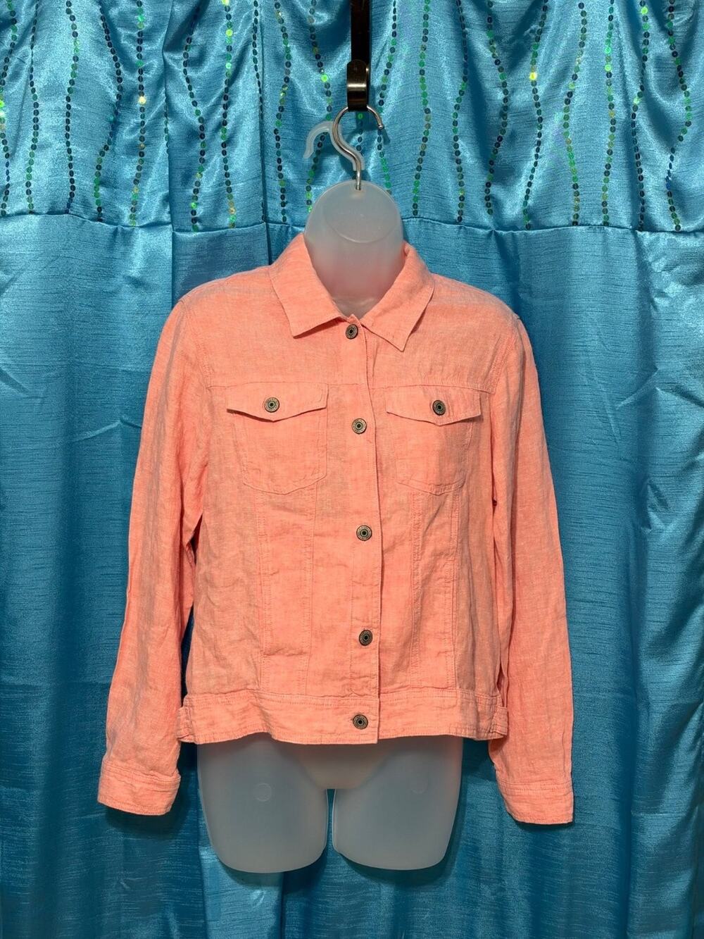 Jones New York JNY 100% Linen Trucker Jacket Womens SZ M Peach Coral Button Up